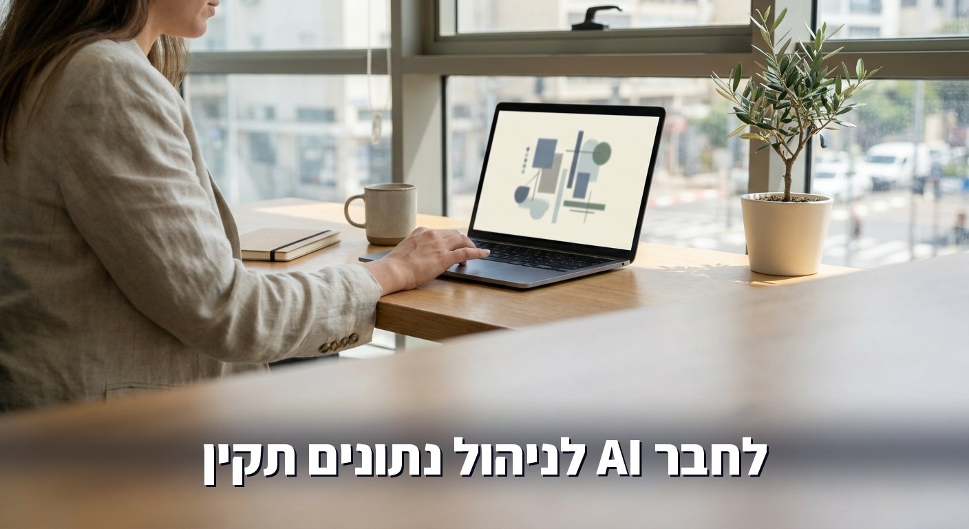 שולחן עבודה עם לפטופ שמציג לוח בקרה של ממשל נתונים בגוונים כחולים