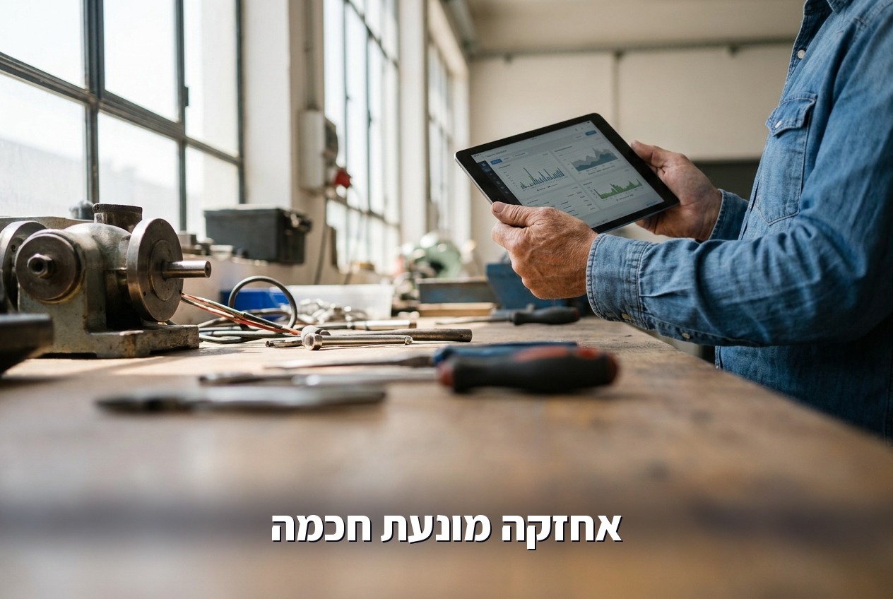 טכנאי בודק חיישני מכונה בטאבלט לאחזקה מונעת