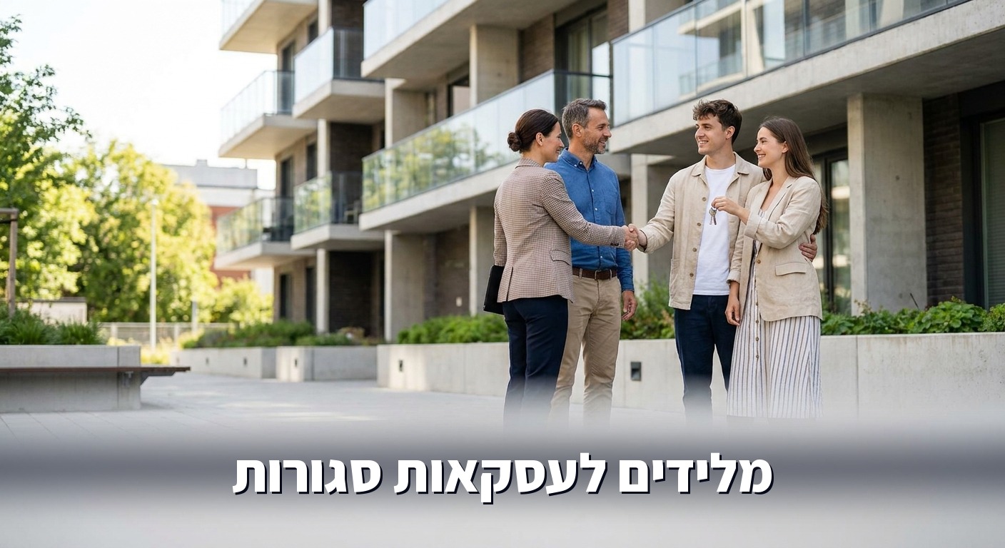 סוכן נדל"ן מוסר מפתחות לזוג קונים מרוצה