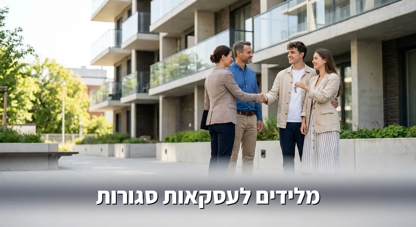 סוכן נדל"ן מוסר מפתחות לזוג קונים מרוצה