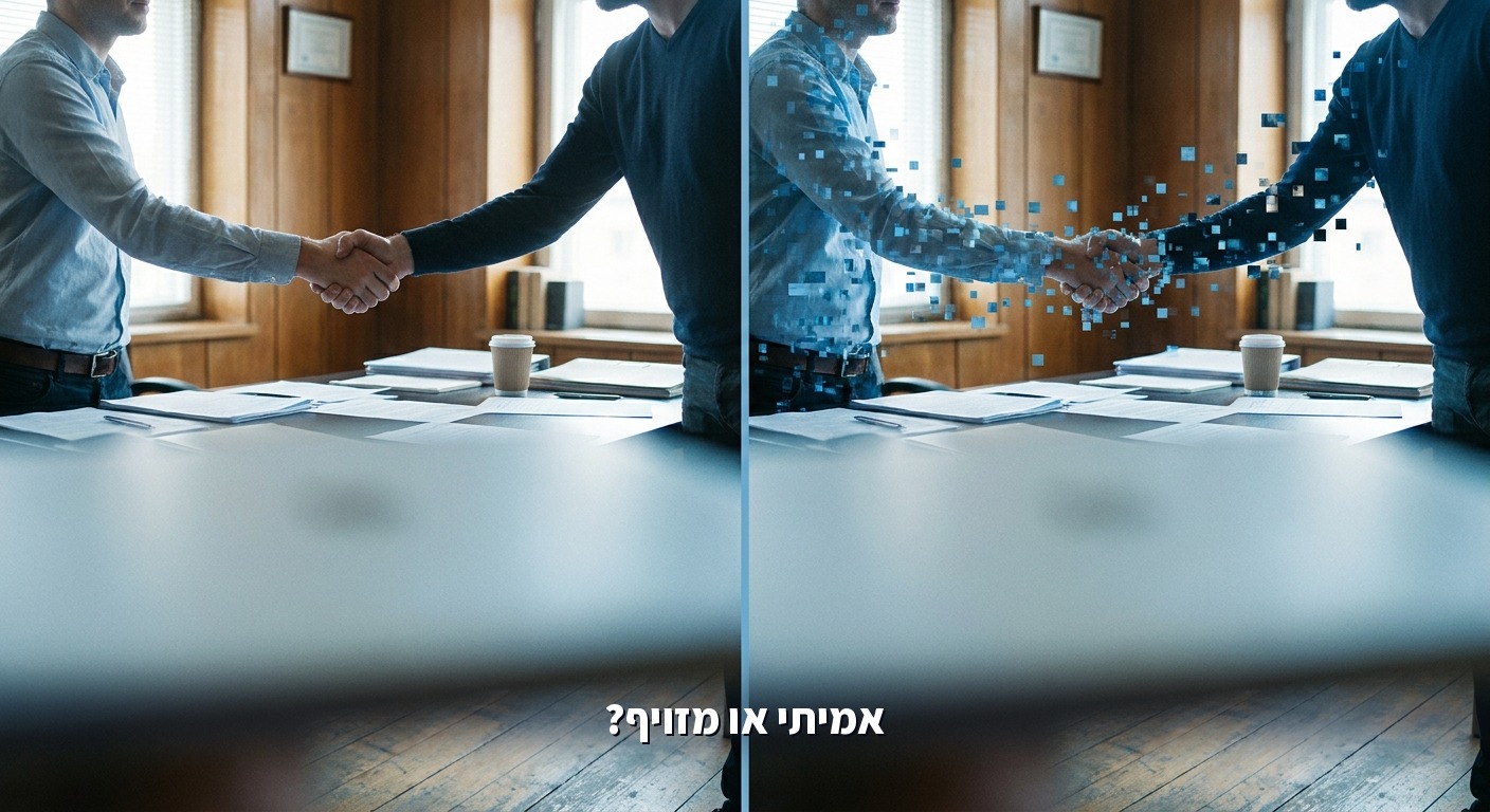 המחשה מושגית של תוכן אמיתי מול תוכן מזויף שנוצר בבינה מלאכותית