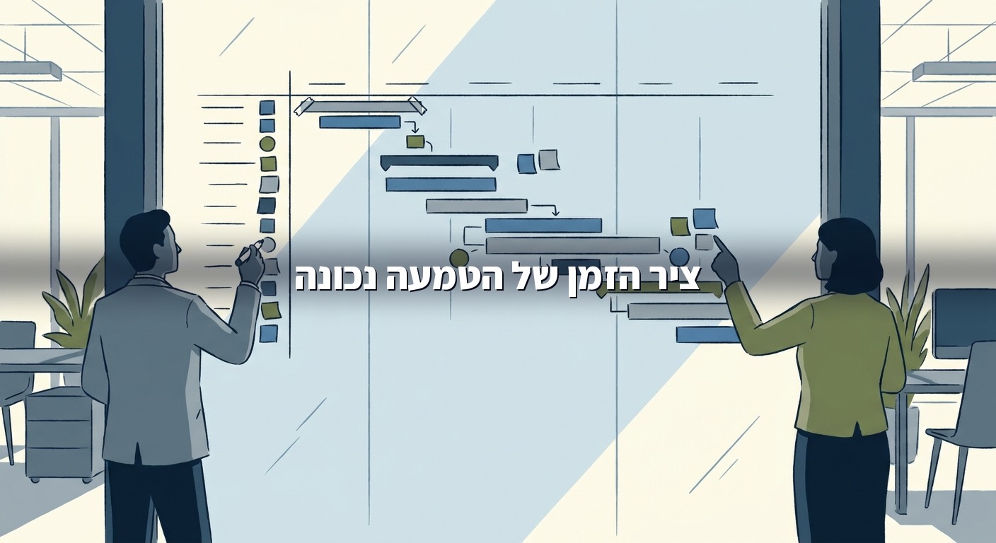 לוח תכנון שלבים ופאזות של פרויקט הטמעת AI על קיר זכוכית במשרד