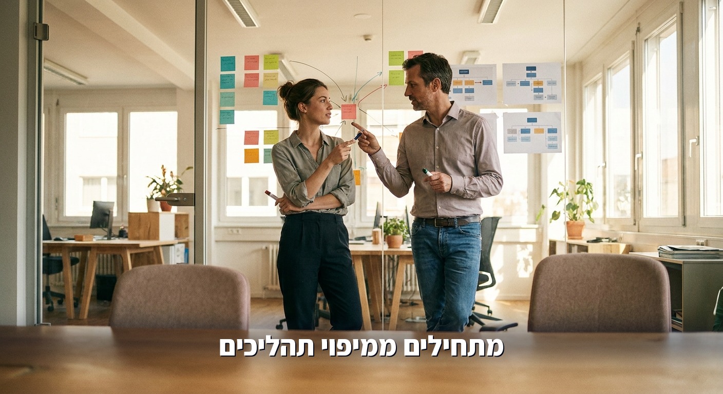 מיפוי תהליכי עבודה על קיר זכוכית