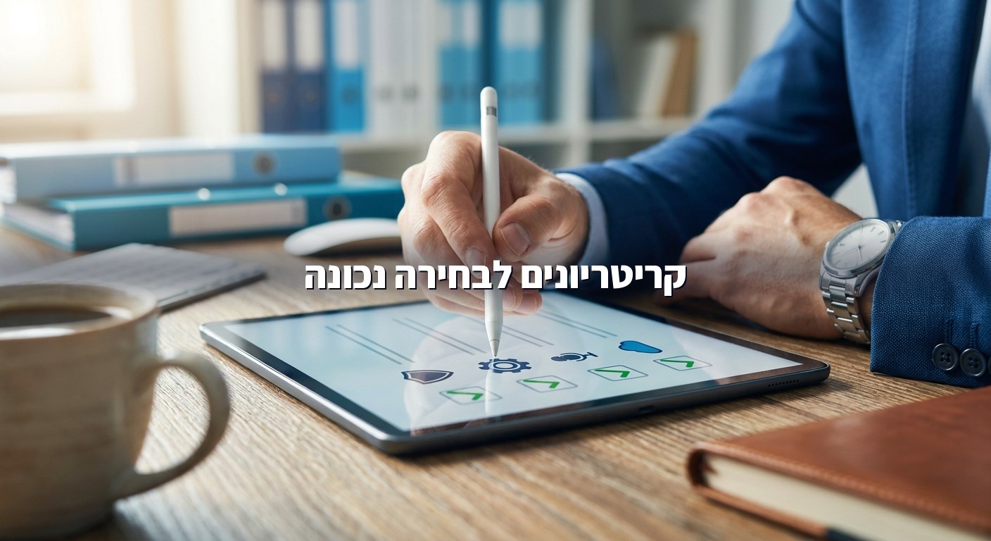 בעל עסק בוחר עוזר AI לפי רשימת קריטריונים בטאבלט