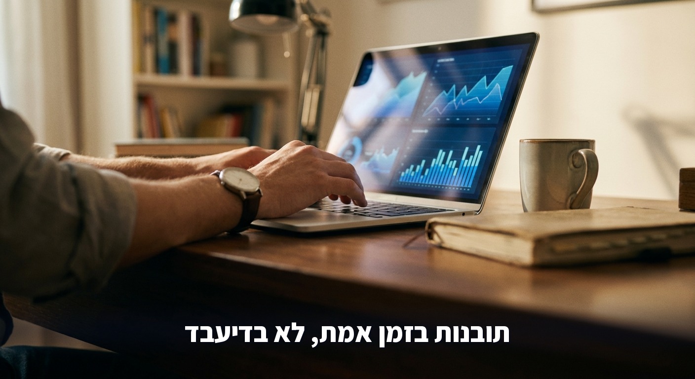 מסך מחשב עם גרפים ונתוני BI חיים בגוונים כחולים