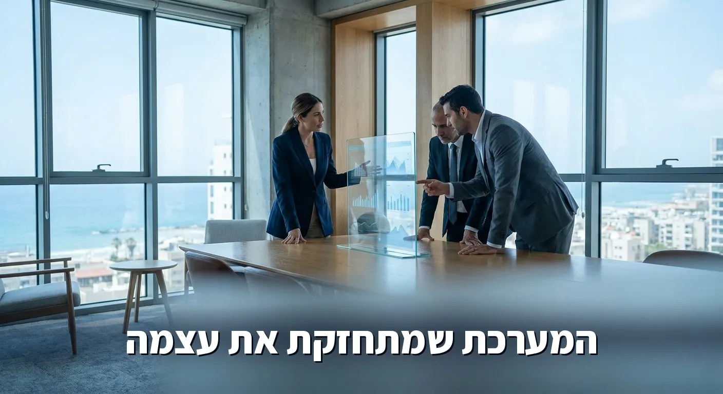 יועץ מציג דשבורד נתונים בפגישה עם מנהלים