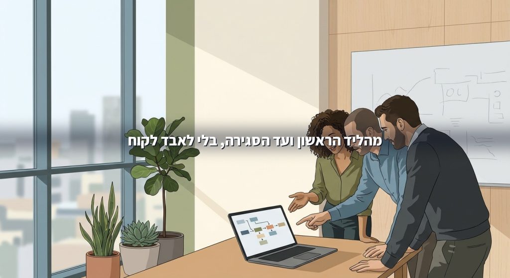 צוות מכירות בישראל עובד סביב מסך עם צנרת עסקאות