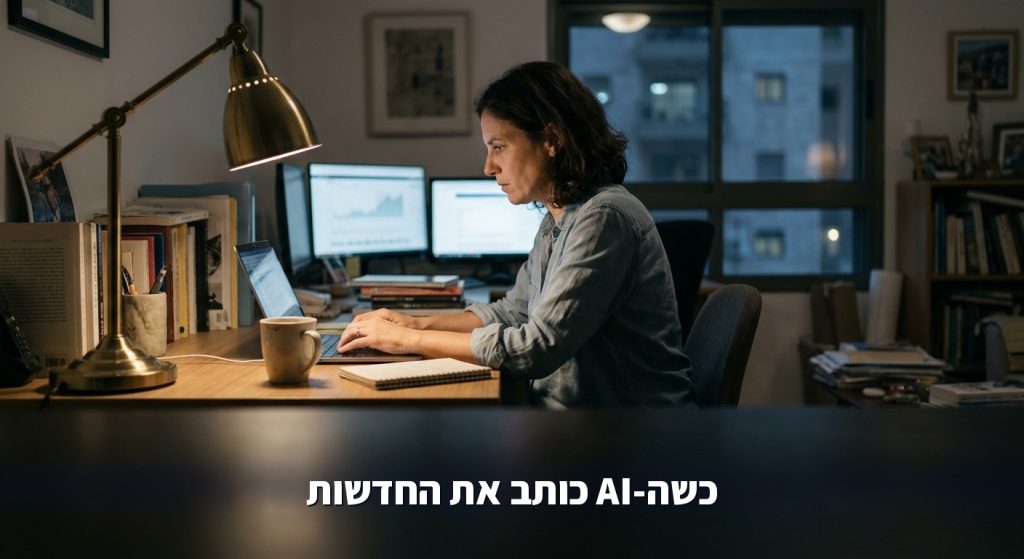 עיתונאי עובד בלילה מול מחשב נייד