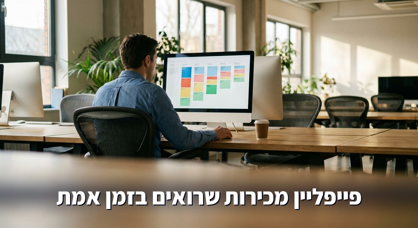 מנהל מכירות בוחן דשבורד עם שלבי עסקה על מסך גדול