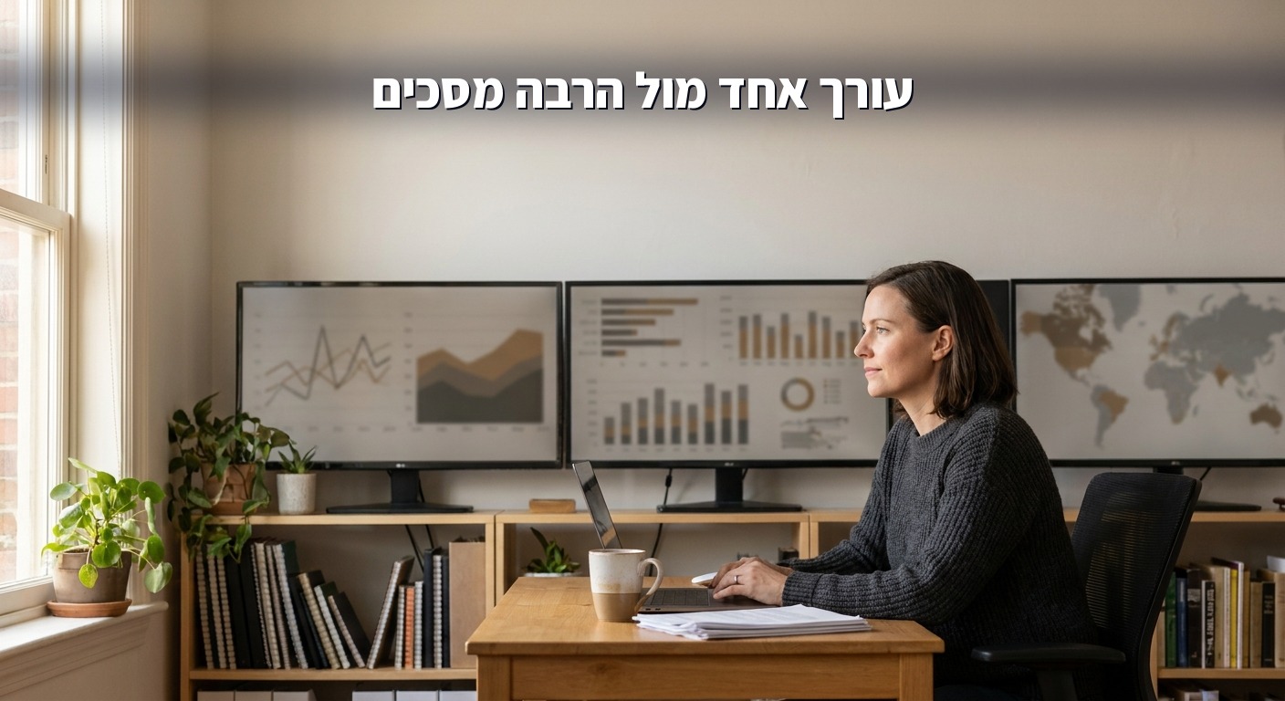 עורך יושב מול קיר מסכים במערכת
