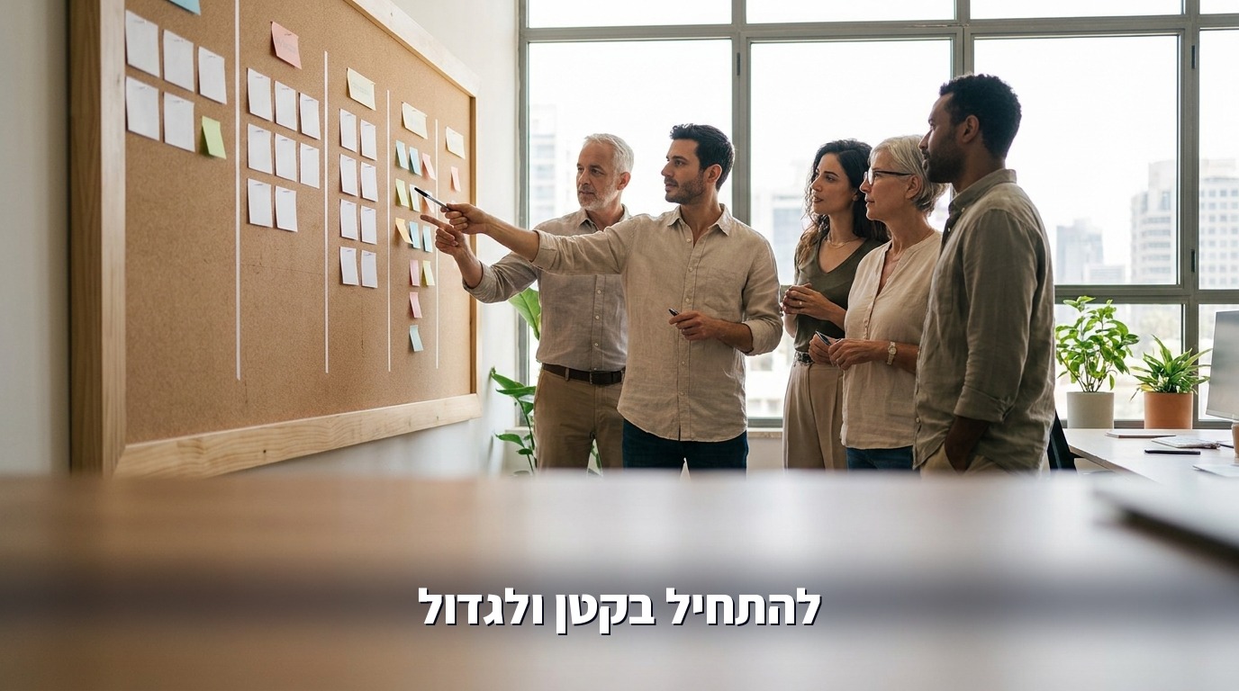 צוות בחברה בינונית במשרד מואר בוחן לוח תהליכי עבודה מסודר