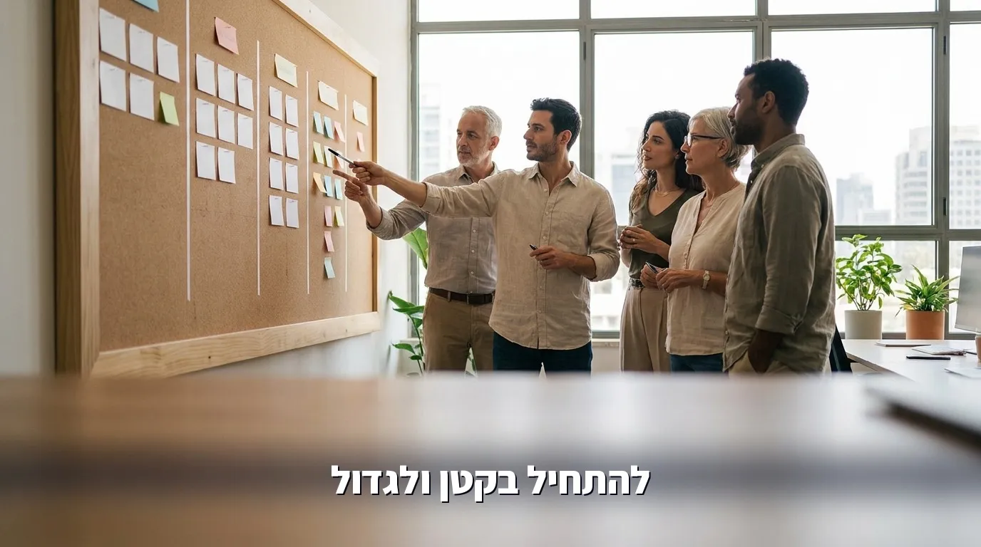 צוות בחברה בינונית במשרד מואר בוחן לוח תהליכי עבודה מסודר