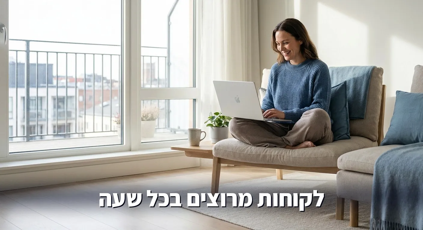 לקוח מרוצה מקבל מענה מהיר במחשב נייד בסביבה נעימה ומודרנית