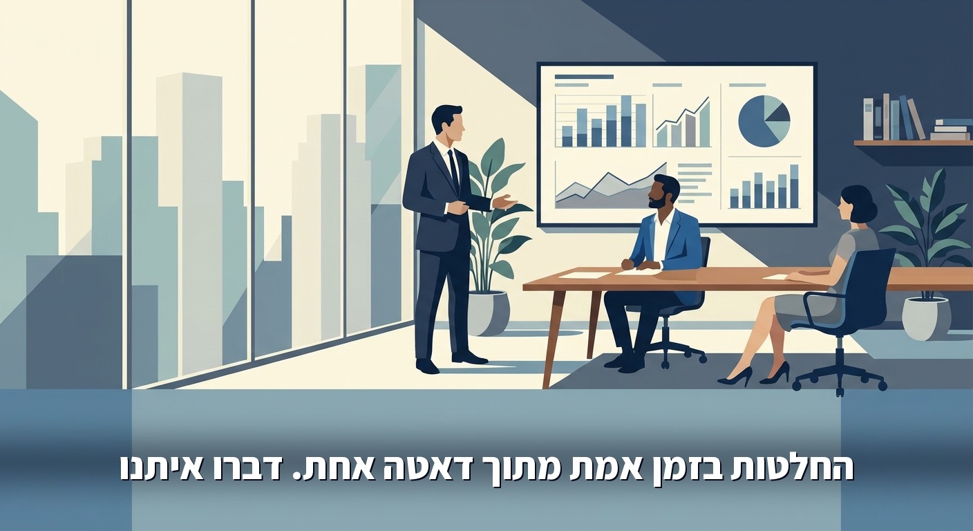 מנהל מציג לוח בקרה אחד ברור לשני עמיתים בחדר ישיבות