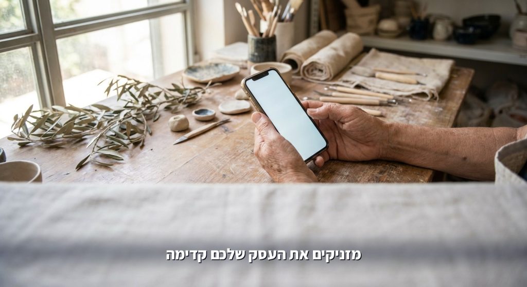 בעל עסק קטן קורא הודעת וואטסאפ במשרד