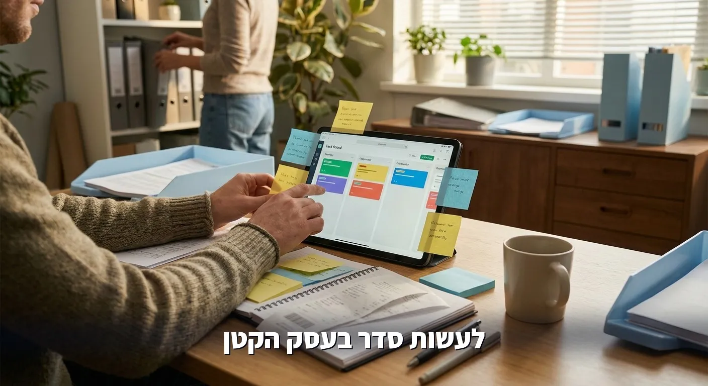 מעבר מניירת ופתקים על השולחן ללוח משימות דיגיטלי מסודר בעסק קטן