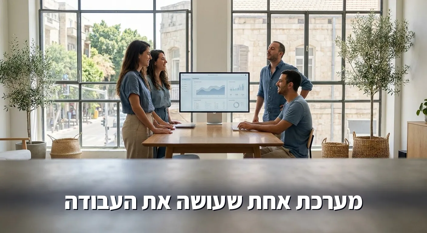 צוות קטן מביט בהקלה על מערכת אחת מאוחדת במסך