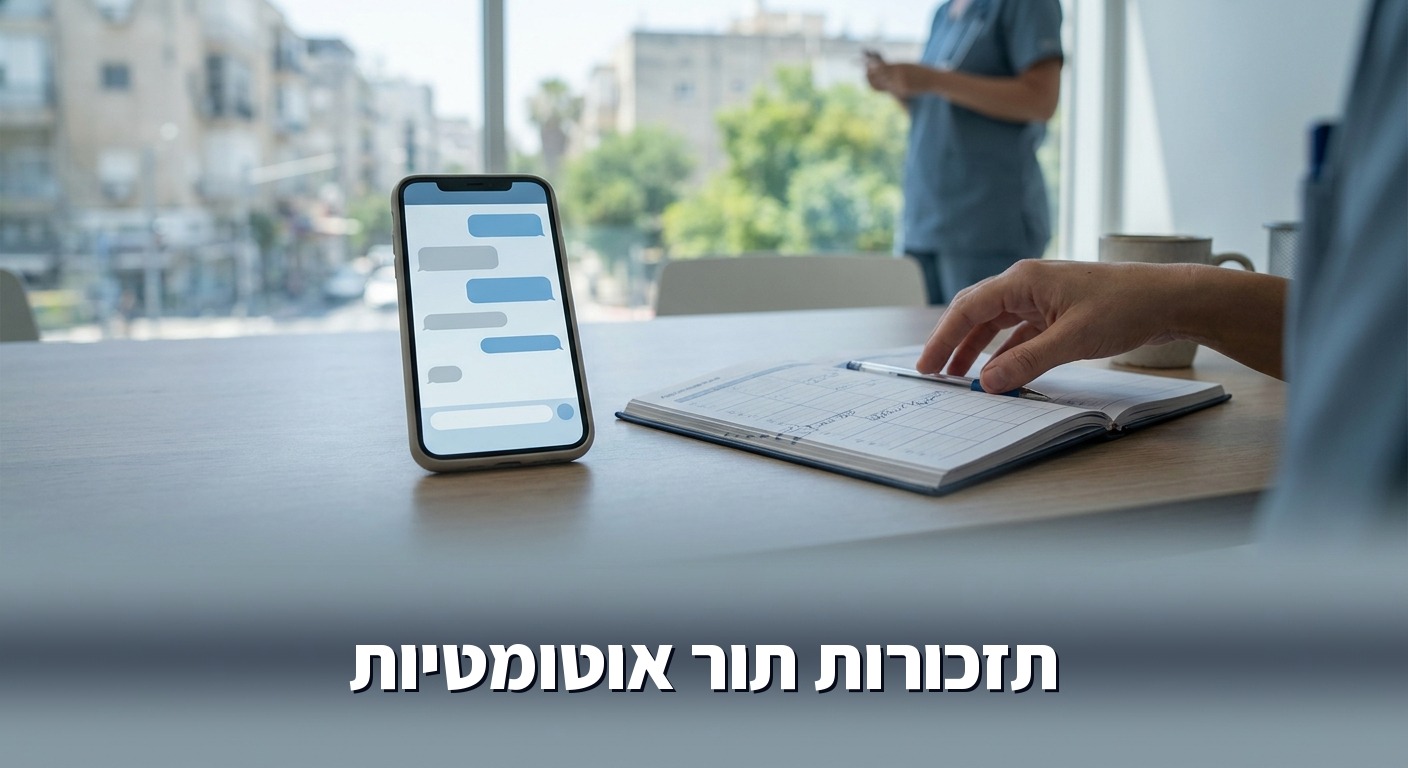 סמארטפון עם תזכורת תור אוטומטית ליד יומן מרפאה מסודר