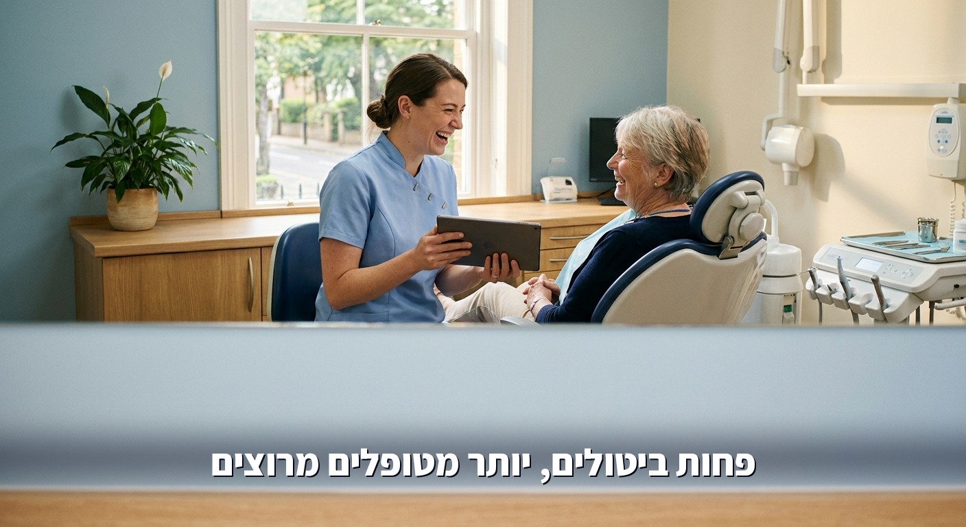 מטופל מרוצה ואיש צוות רגוע במרפאת שיניים מוארת