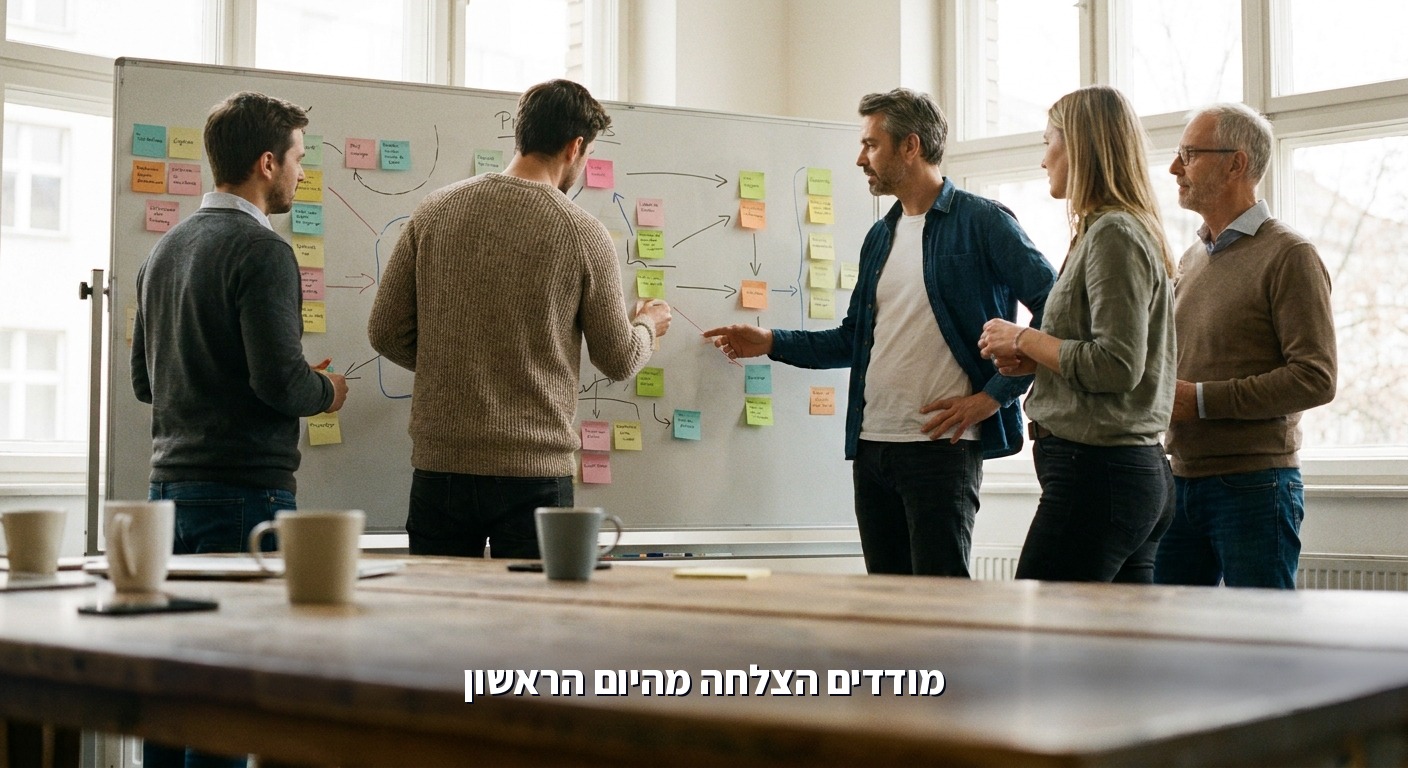 צוות ממפה תהליכים על לוח לפני הטמעת AI