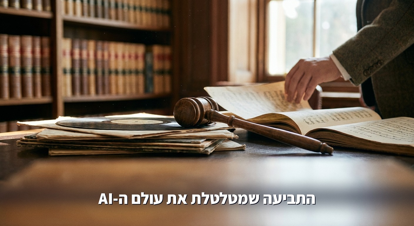 פטיש שופט מונח על תקליטים ותווים, סמל לתביעת זכויות יוצרים נגד חברת AI