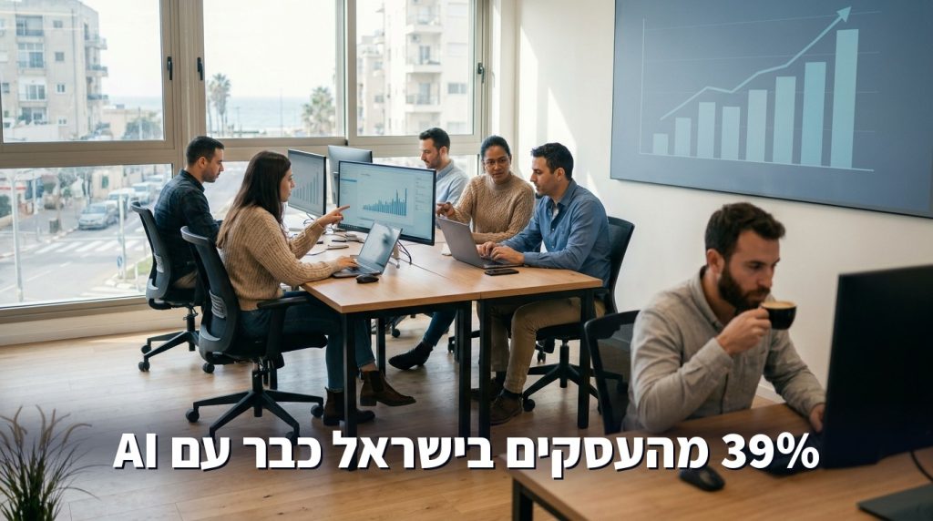 צוות עובד במשרד מודרני עם דשבורדים ונתונים