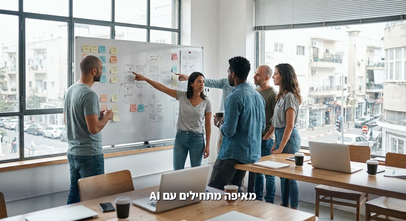 צוות של עסק קטן ממפה תהליכי עבודה על לוח לקראת הטמעת AI