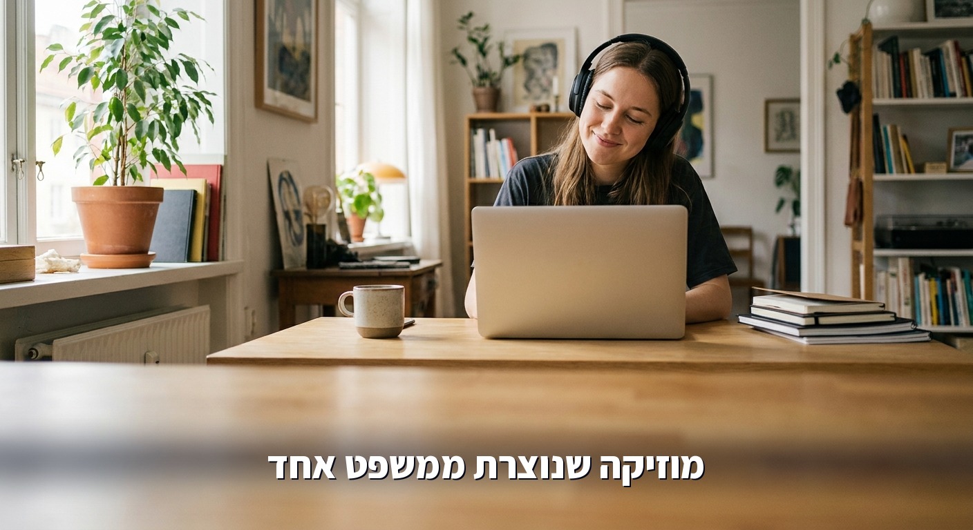 אישה מאזינה למוזיקה שנוצרה ב-AI במחשב נייד