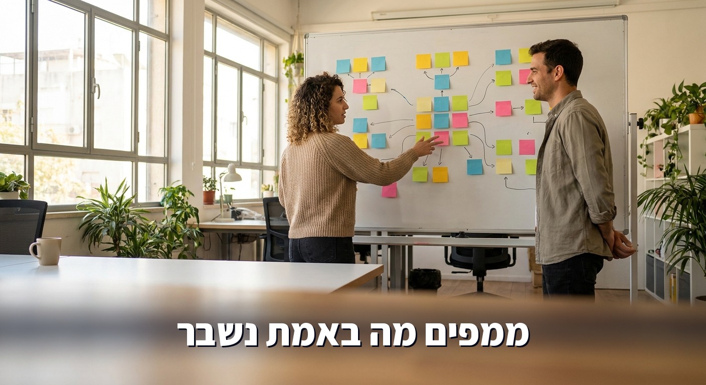 שני אנשים ממפים תהליך עבודה על לוח עם פתקים