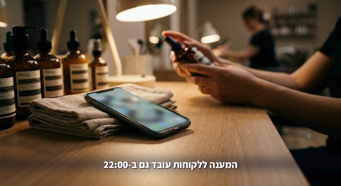 טלפון על דלפק מכון יופי לצד מגבות ומוצרי טיפוח, ממחיש מענה אוטומטי ללקוחות