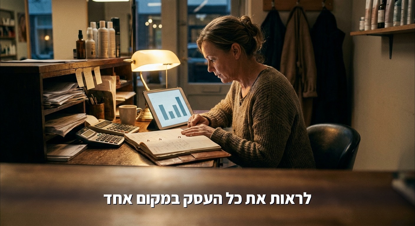 בעלת מכון יופי בוחנת נתוני תורים וביטולים בטאבלט בסוף יום העבודה