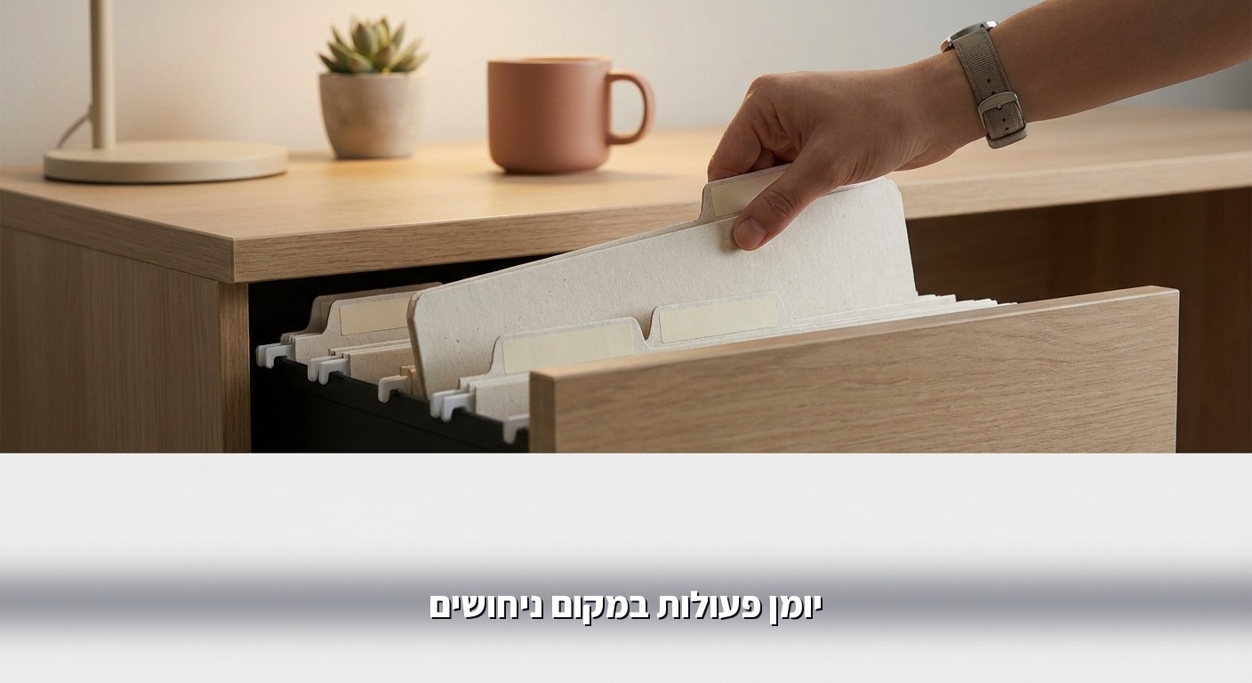 מנהלת ציות בוחנת קלסר ליד מחשב נייד