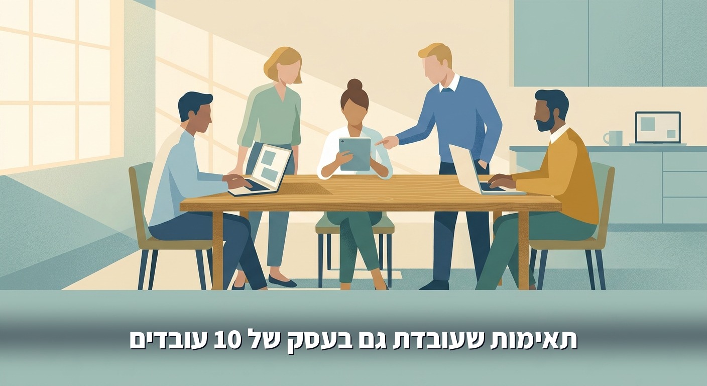 צוות קטן סביב שולחן עם מחשבים ניידים