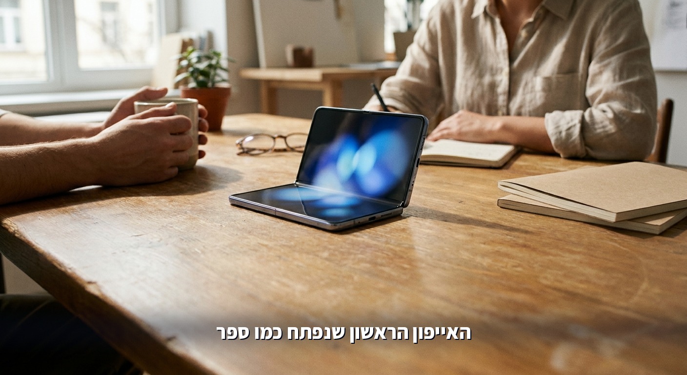 אייפון מתקפל בסגנון ספר פתוח על שולחן, ממחיש את iPhone Duo