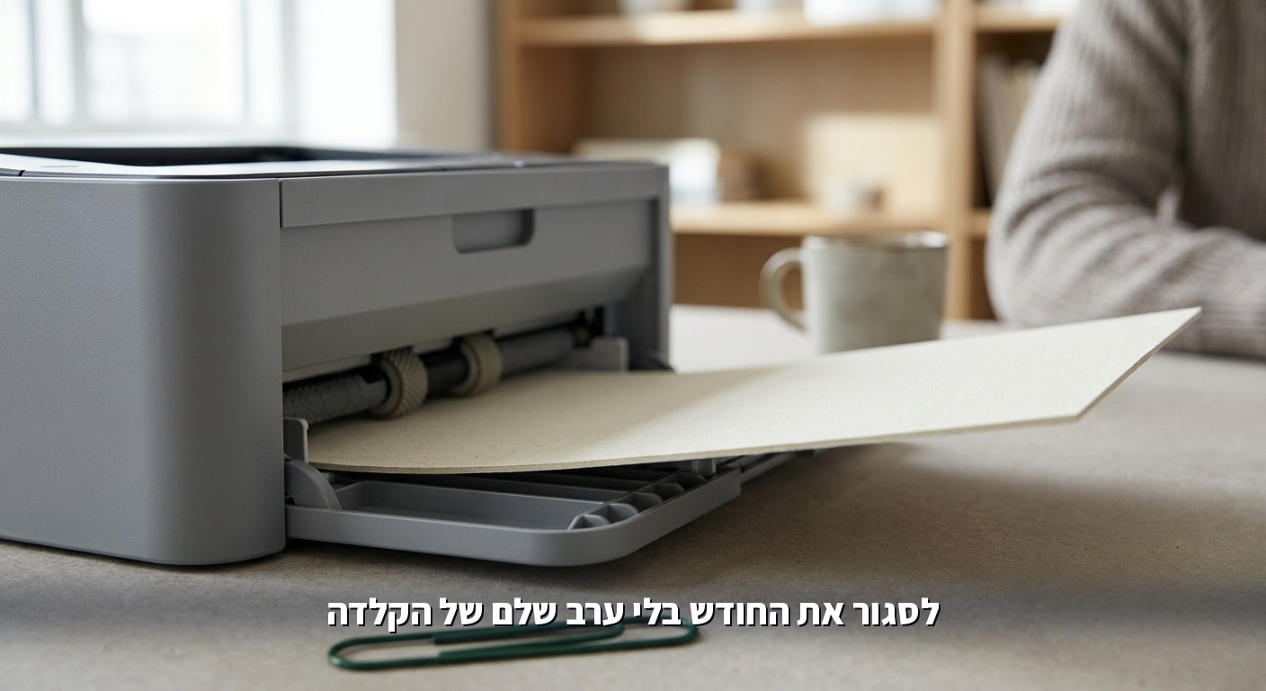 מדפסת משרדית מוציאה מסמך בחדר עורפי שקט