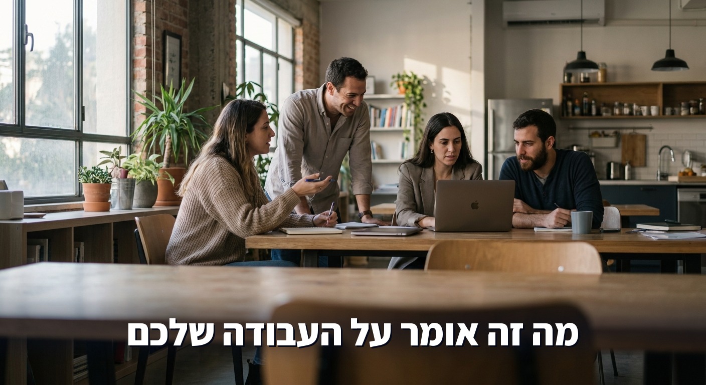 צוות קטן מתייעץ סביב שולחן עבודה אחד במשרד