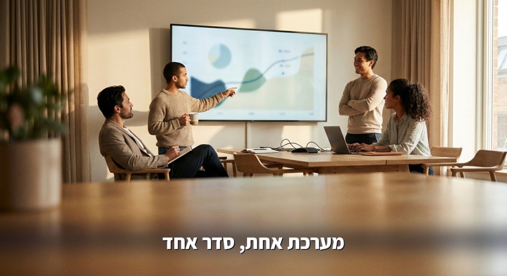 צוות עובד יחד מול מערכת אחת שמרכזת את כל הנתונים של העסק