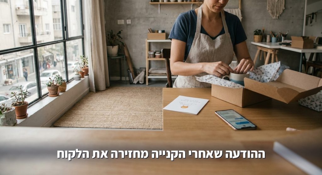 בעלת חנות אונליין אורזת הזמנה ללקוח, הרגע שאחרי הרכישה