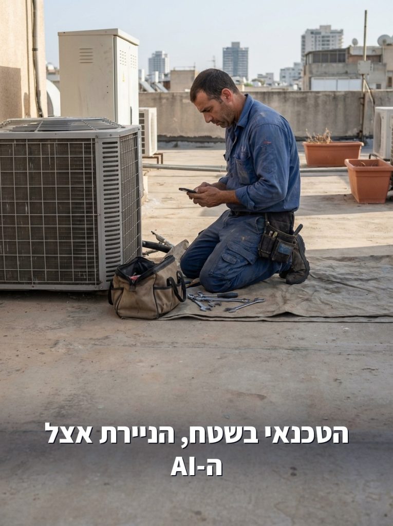 טכנאי מיזוג בשטח עם טלפון ביד