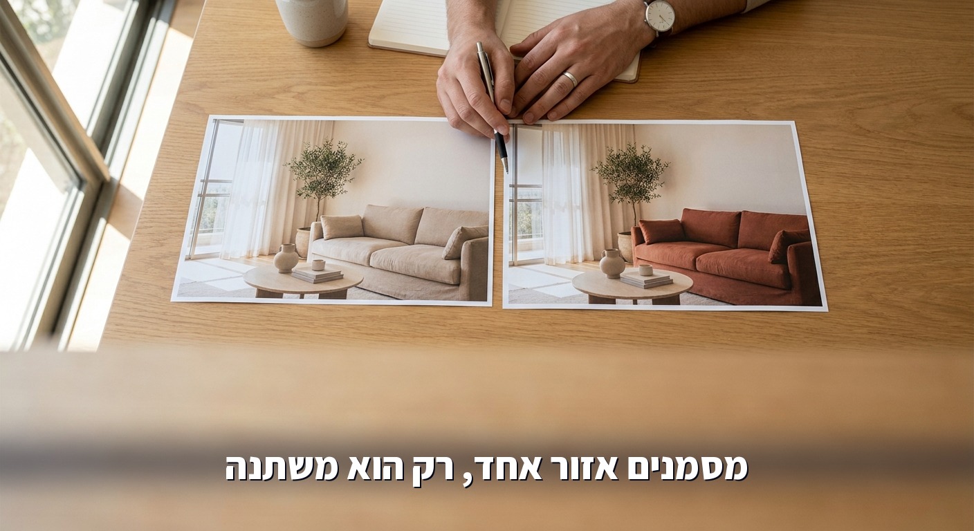 שתי תמונות זהות של סלון שבהן רק הספה שונה