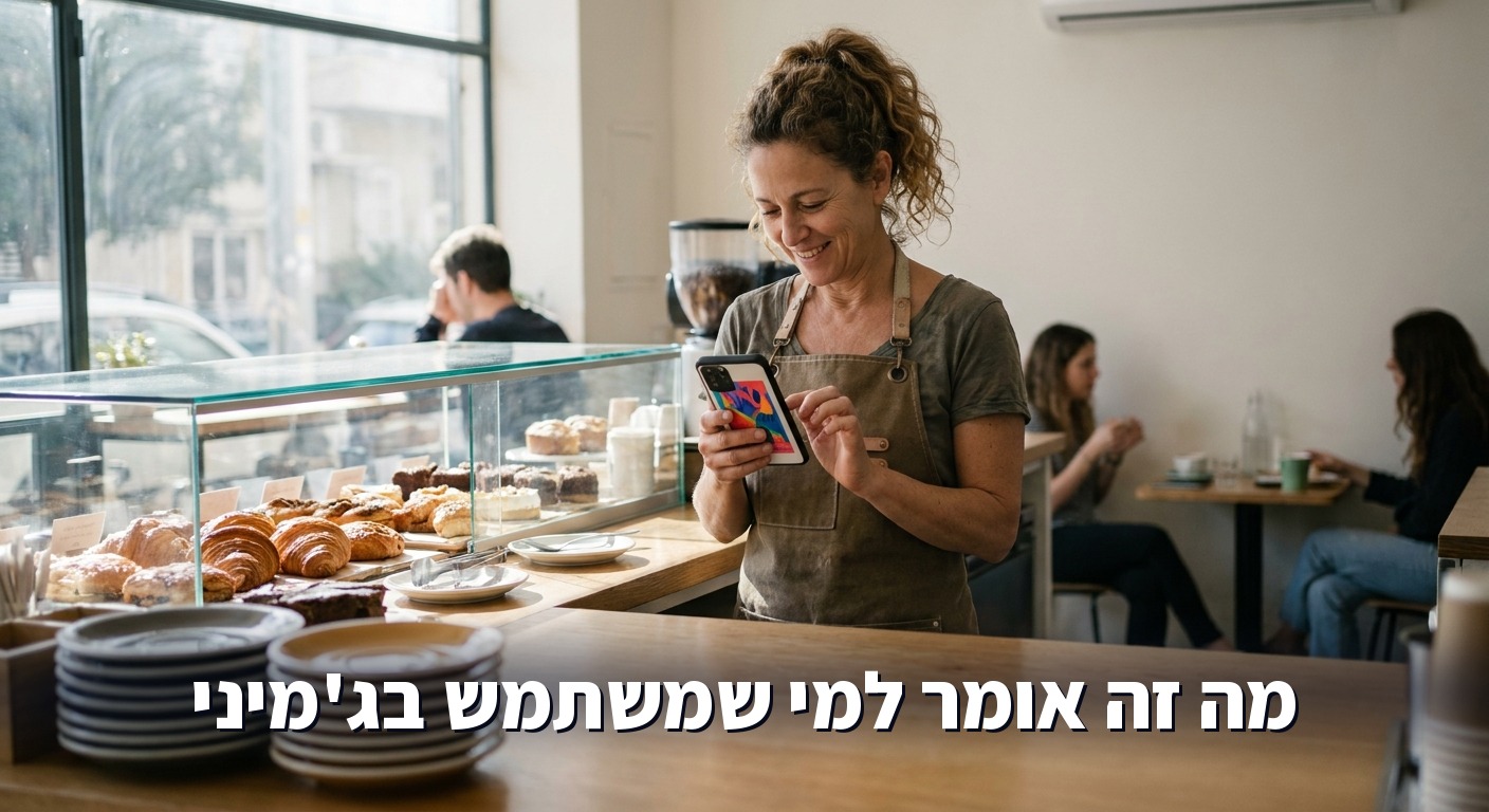 בעלת בית קפה מסתכלת על פוסטר שנוצר בטלפון