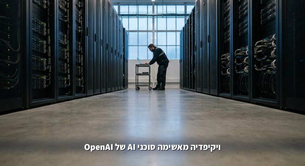 מסדרון בחוות שרתים עם טכנאי ליד מחשב נייד