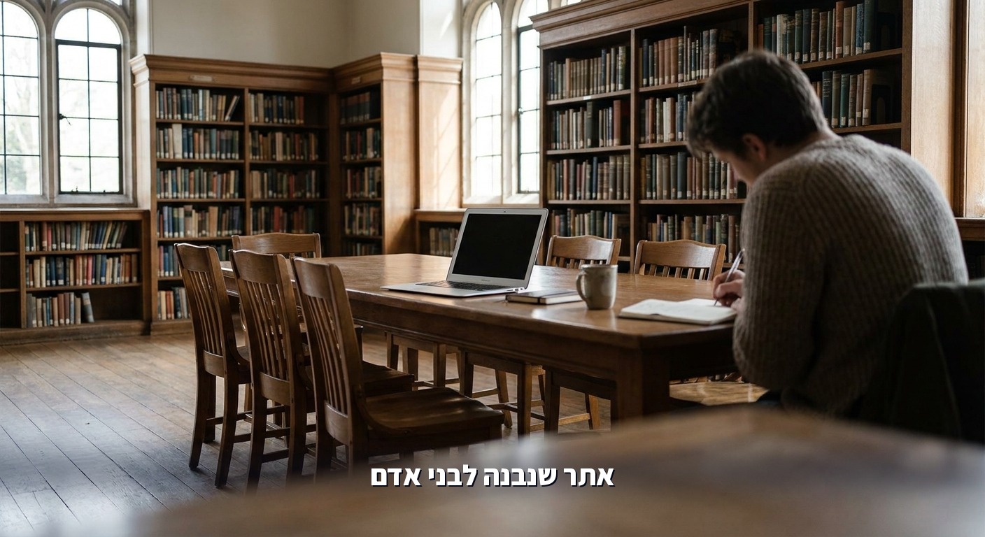 חדר קריאה בספרייה עם מחשב נייד פתוח על השולחן