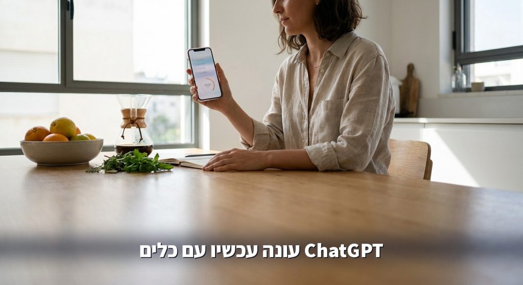 אישה במטבח מחזיקה טלפון עם רשימת קניות ושעון עצר אינטראקטיביים