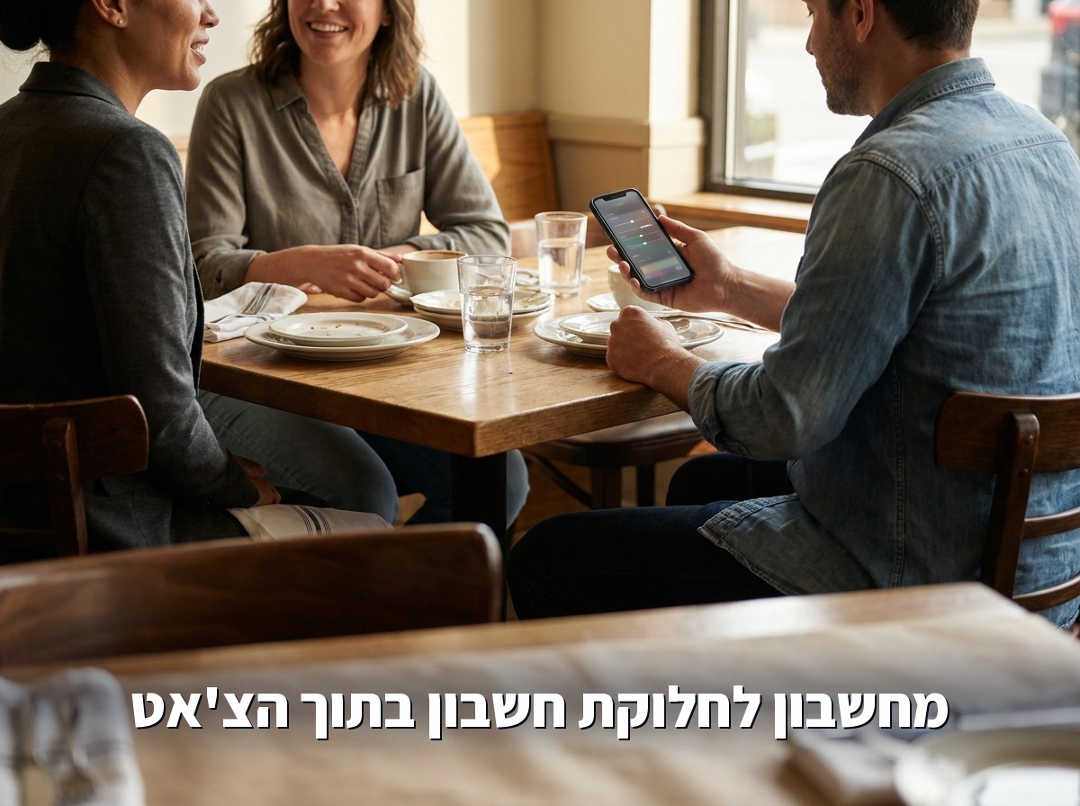 שלושה חברים במסעדה מחלקים חשבון בעזרת כלי בתוך הטלפון