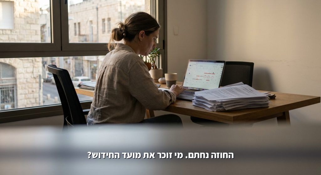 מנהלת תפעול עוברת על ערימת חוזי ספקים ויומן מועדי חידוש