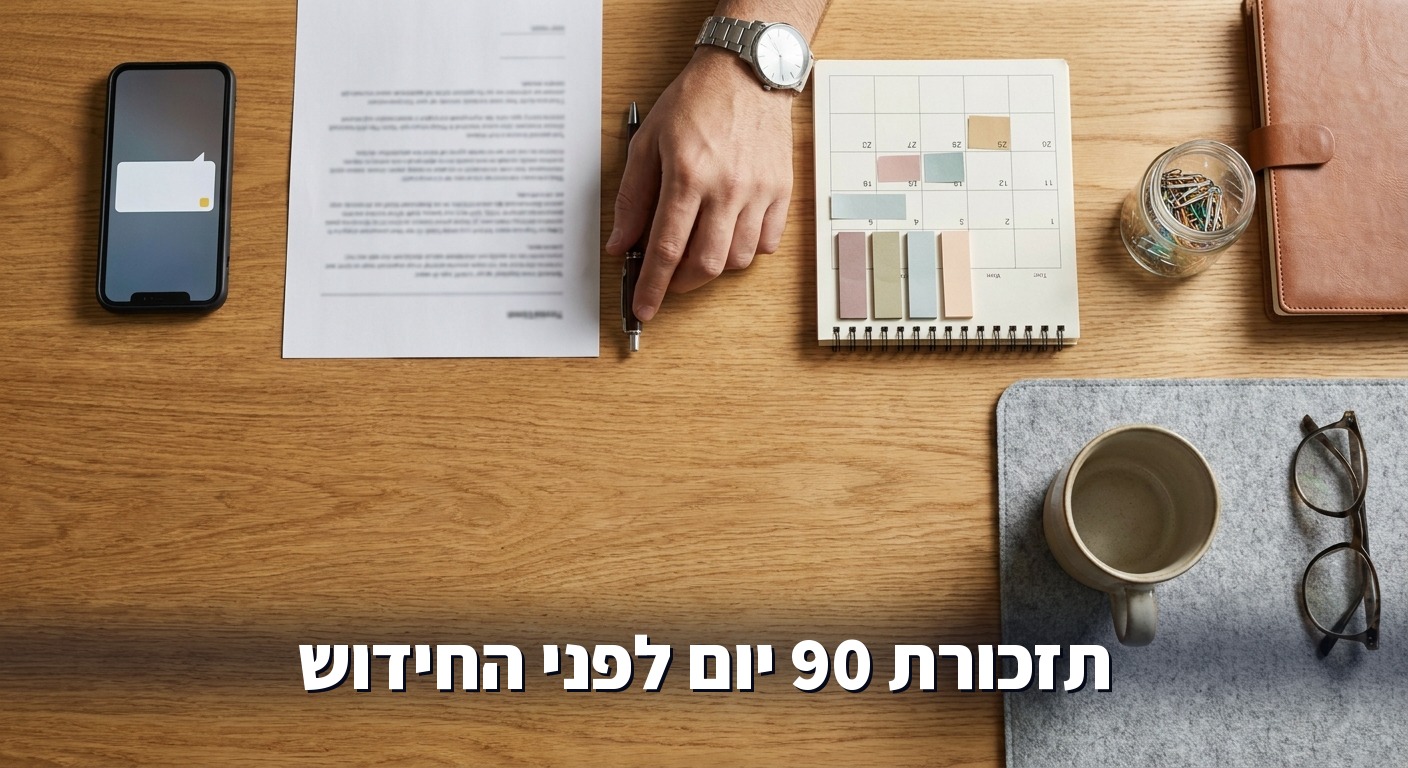 חוזה מודפס, טלפון עם תזכורת ולוח שנה עם מועדים מסומנים