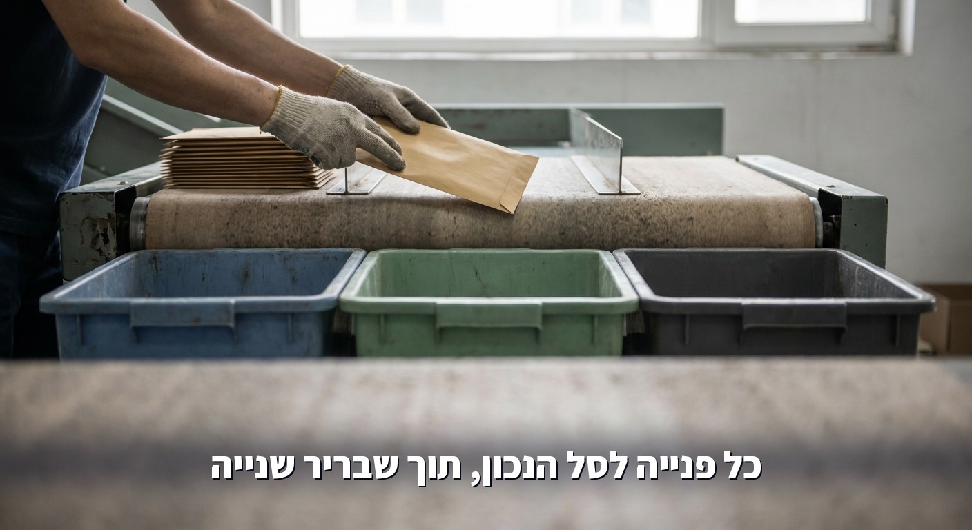 מיון מעטפות לסלים בצבעים שונים בחדר דואר