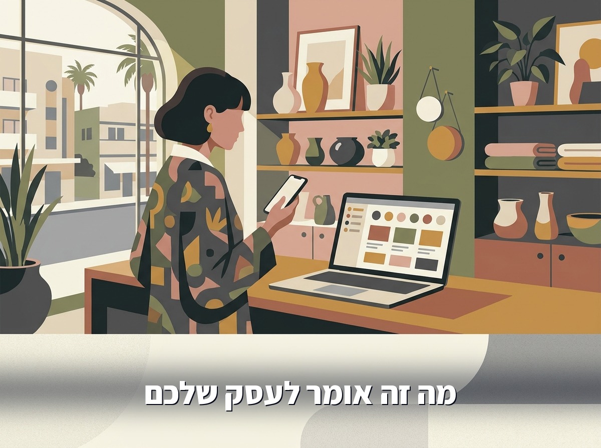 בעלת עסק בודקת הודעות לקוחות בטלפון ליד מחשב נייד