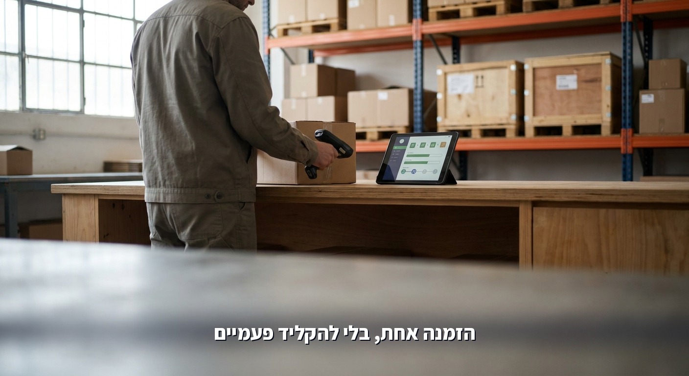 עמדת אריזה במחסן עם טאבלט שמציג סטטוס הזמנה מתעדכן